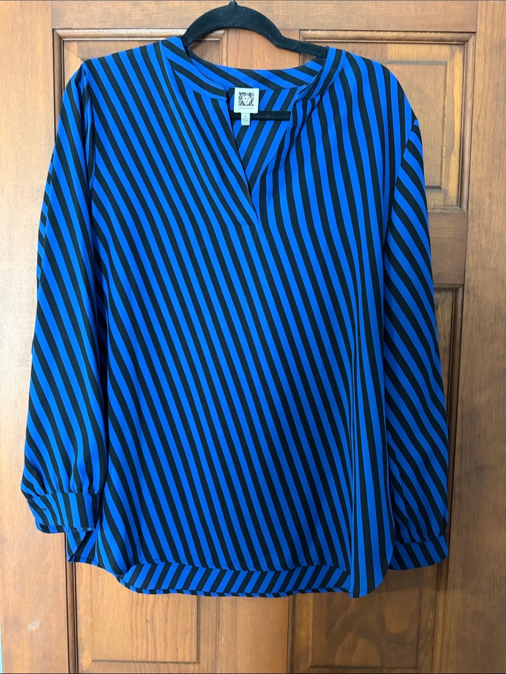 Anne Klein Blue and Black Diagonal Stripe V-Neck Blouse